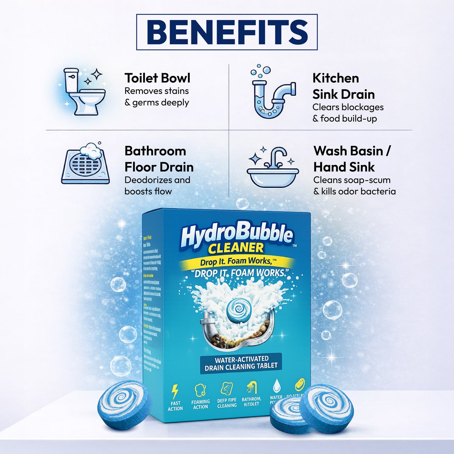 HydroBubble Cleaner – Water-Activated Drain Cleaning Tablet (BUY 1 GET 1 FREE🔥🔥)